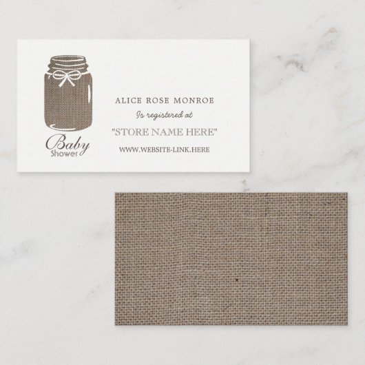バーラップ素朴メイソンJARベビーシャワーギフトレジストリ エンクロージャーカード (正面/裏面)