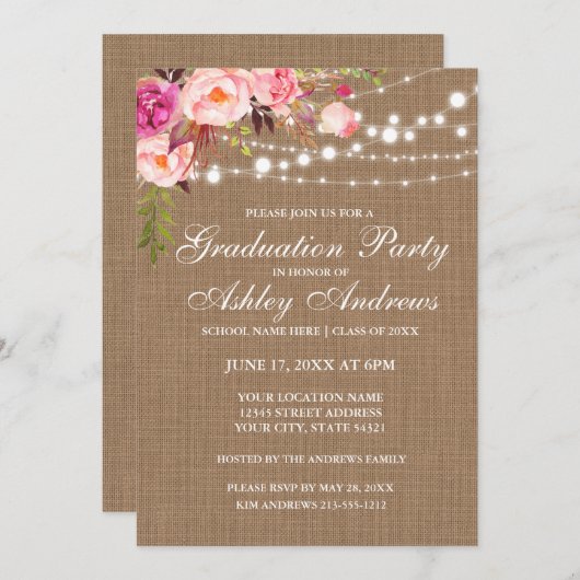 バーラップ素朴ライツピンク卒業パーティー招待状 招待状 (正面/裏面)