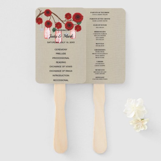 バーラップ素朴レッドフローラメイスンジャーズ結婚ズ ハンドファン (正面&裏面)