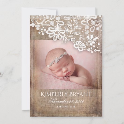 バーラップ素朴レースのストリングライトフォトベビー誕生 案内状 (正面)