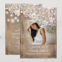 バーラップ素朴レースのストリングライト写真卒業 招待状