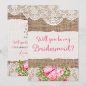 バーラップ素朴レースは私のブライドメイドのカードになる 招待状 (正面/裏面)
