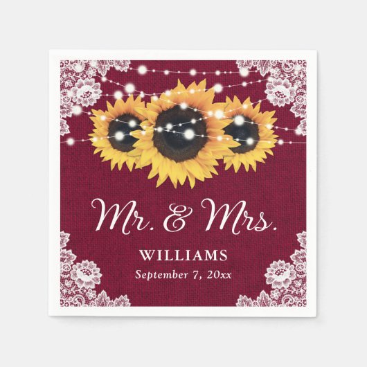 バーラップ素朴レースひまわりバーガンディ結婚ズ スタンダードカクテルナプキン (正面)