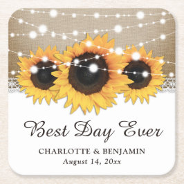 バーラップ素朴レースひまわりライトひまわり結婚の スクエアペーパーコースター