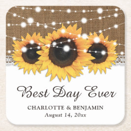 バーラップ素朴レースひまわりライトひまわり結婚の スクエアペーパーコースター