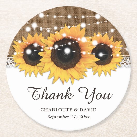 バーラップ素朴レースひまわりライトひまわり結婚の ラウンドペーパーコースター (正面)