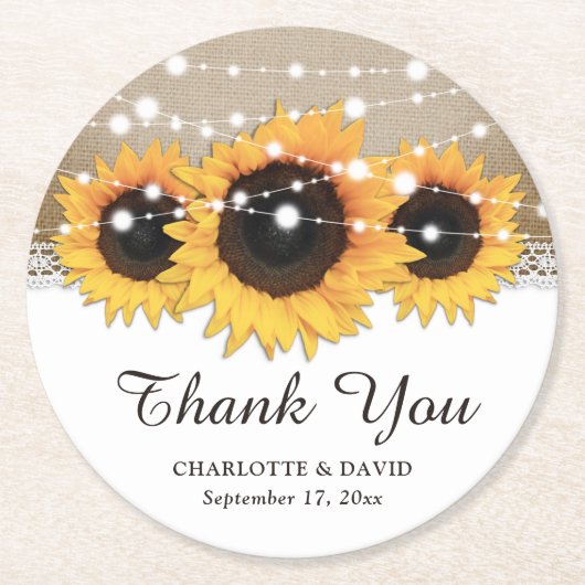 バーラップ素朴レースひまわりライトひまわり結婚の ラウンドペーパーコースター (正面)