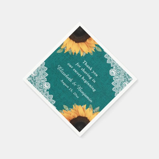 バーラップ素朴レースひまわり及びティール(緑がかった色)結婚ズ スタンダードカクテルナプキン (角)