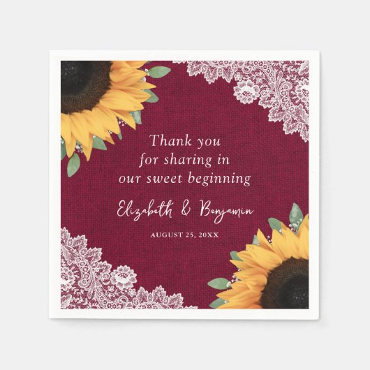 バーラップ素朴レースひまわり花とバーガンディ結婚ズ スタンダードカクテルナプキン (正面)