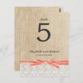 バーラップ素朴レースコーラルリボンテーブル番号 ポストカード (正面/裏面)