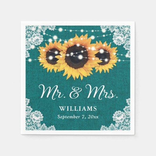 バーラップ素朴レースサンフラワーティール(緑がかった色)結婚ズ スタンダードカクテルナプキン (正面)