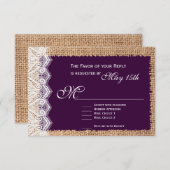 バーラップ素朴レースダークパープルウェディングRSVPカード 出欠カード (正面/裏面)