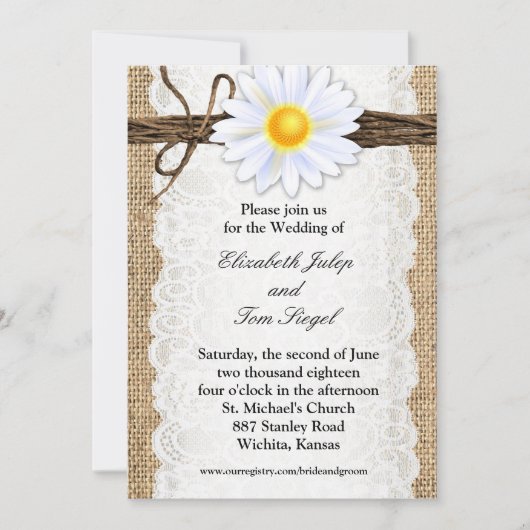 バーラップ素朴レーストウェインデイジー結婚式招待状 招待状 (正面)