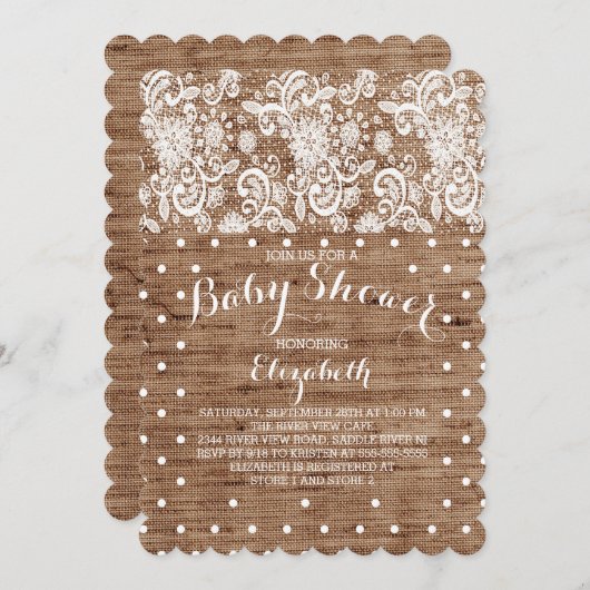 バーラップ素朴レースニュートラルベビーシャワー招待状 招待状 (正面/裏面)