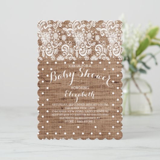 バーラップ素朴レースニュートラルベビーシャワー招待状 招待状 (スタンド正面)