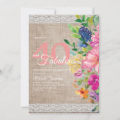 バーラップ素朴レースピンクブルーフローラ40th誕生日 招待状 (正面)