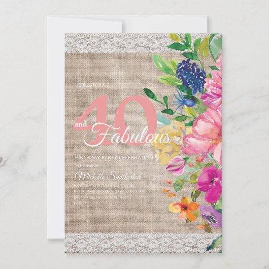バーラップ素朴レースピンクブルーフローラ40th誕生日 招待状 (正面)