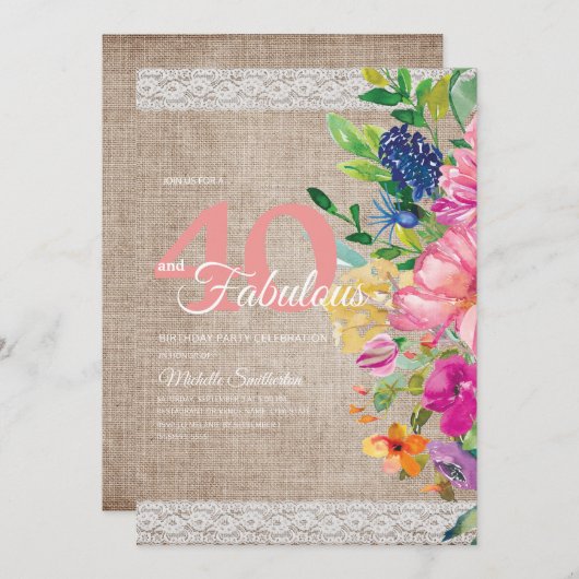 バーラップ素朴レースピンクブルーフローラ40th誕生日 招待状 (正面/裏面)