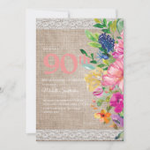 バーラップ素朴レースピンクブルーフローラ90誕生日 招待状 (正面)