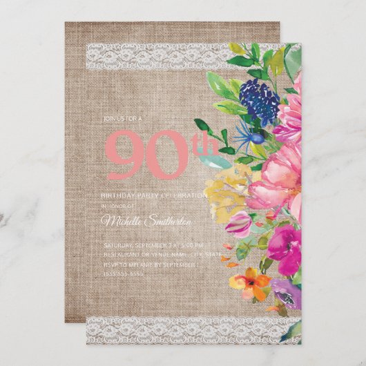 バーラップ素朴レースピンクブルーフローラ90誕生日 招待状 (正面/裏面)