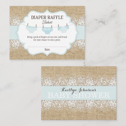 バーラップ素朴レースブルーボーイおむつラッフルチケット エンクロージャーカード (正面/裏面)