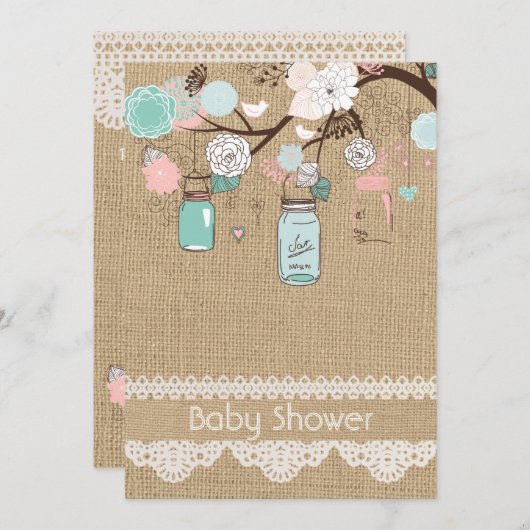 バーラップ素朴レースメイスンジャベビーシャワーの招待 招待状 (正面/裏面)