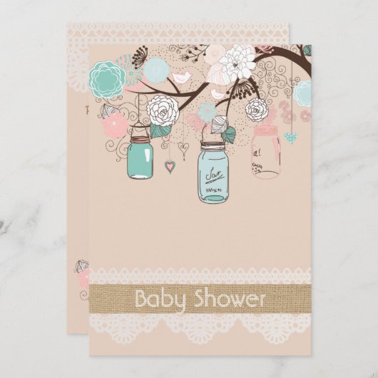 バーラップ素朴レースメイスンジャベビーシャワーの招待 招待状 (正面/裏面)