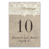 バーラップ素朴レースリボン結婚のテーブルカード テーブルナンバー (裏面)