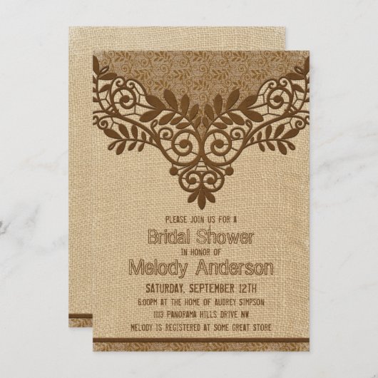 バーラップ素朴レースヴィンテージブライダルシャワー 招待状 (正面/裏面)