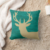 バーラップ素朴上の鹿ヘッドシルエット |ターコイズ クッション (ブランケット)