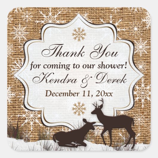 バーラップ素朴、雪片ウェディングシャワーシール スクエアシール (正面)