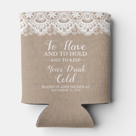 バーラップ結婚とレースのクーラーボックス素朴。 缶クーラー (裏面)