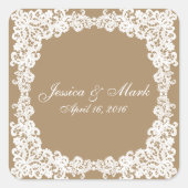 バーラップ茶色とホワイトレースの四角いステッカー スクエアシール (正面)