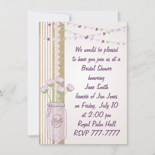 バーラップ薄紫パープルメイソンジャーブライダルシャワーインヴィタ 招待状 (正面)