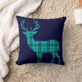 バーラップ|のティール（緑がかった色）海軍の格子縞のシカのシルエット クッション (ブランケット)