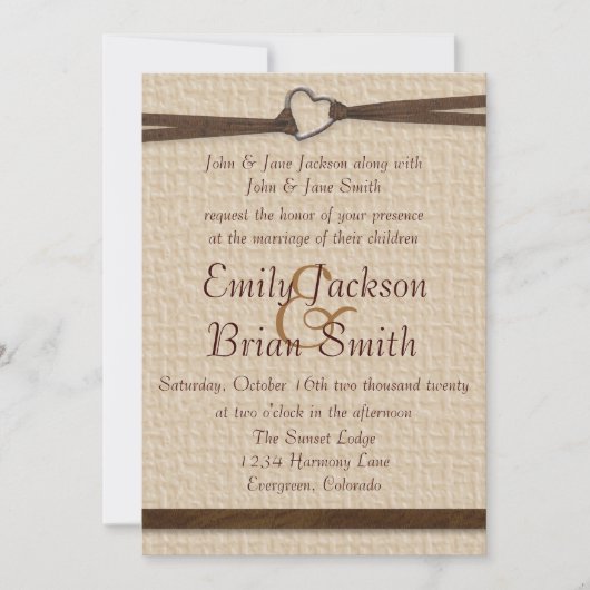 バーラップ·ハート素朴·クラスプ·リボン結婚式の招待 招待状 (正面)