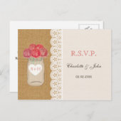 バーラップ、メーソンジャールのサンゴバラ結婚式RSVP インビテーションポストカード (正面/裏面)