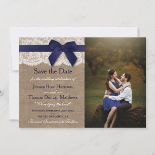 バーラップ&レースの写真のネイビー結婚リボン セーブザデート