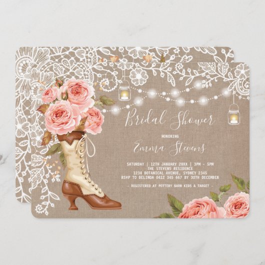 バーラップ&レースピンクフローラブライダルシャワーシックブーツ 招待状 (正面/裏面)