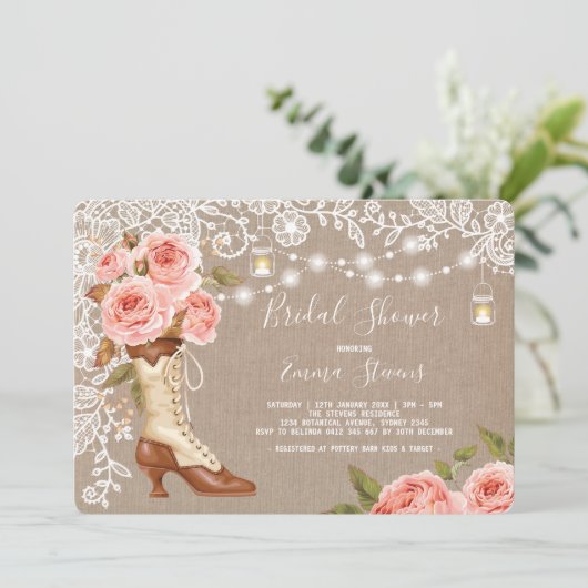 バーラップ&レースピンクフローラブライダルシャワーシックブーツ 招待状 (スタンド正面)