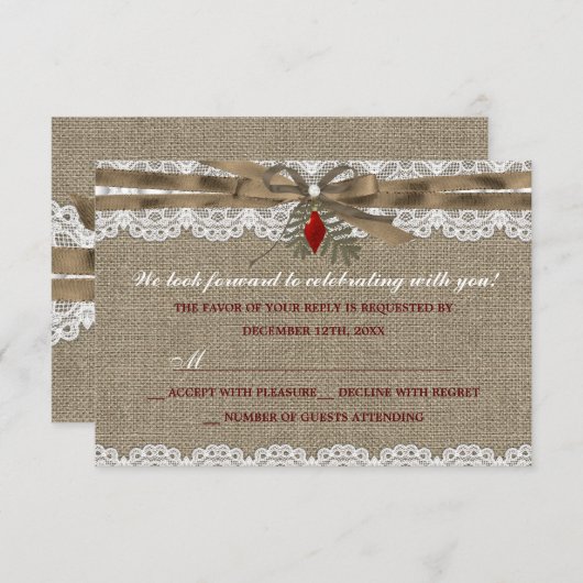 バーラップ&レースヴィンテージクリスマスパーティーRSVP 出欠カード (正面/裏面)