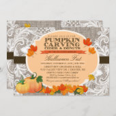 バーラップ&レース秋パンプキンカービングハローウィンパーティ 招待状 (正面/裏面)