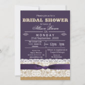 バーラップ、レース、紫の素朴なブライダルシャワー招待状 招待状 (正面)