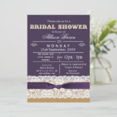 バーラップ、レース、紫の素朴なブライダルシャワー招待状 招待状 (スタンド正面)