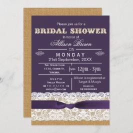 バーラップ、レース、紫の素朴なブライダルシャワー招待状 招待状