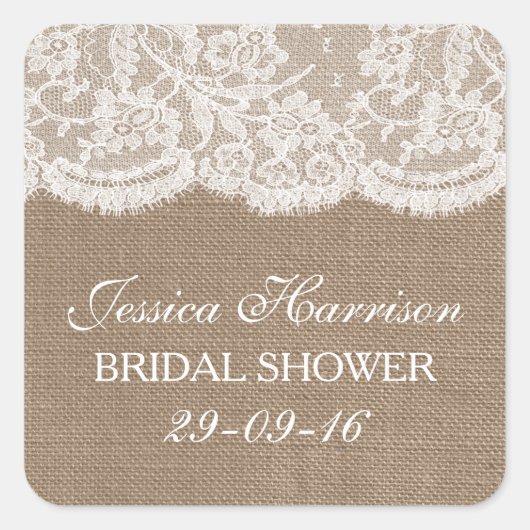 バーラップ&素朴ヴィンテージホワイトレースブライダルシャワー スクエアシール (正面)