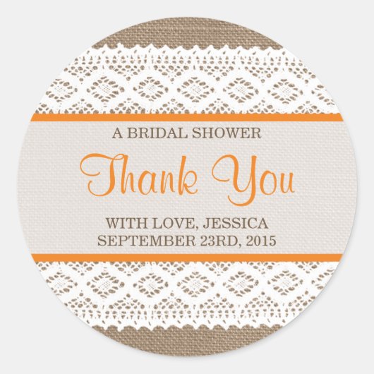 バーラップ&素朴ヴィンテージホワイトレースブライダルシャワー ラウンドシール (正面)