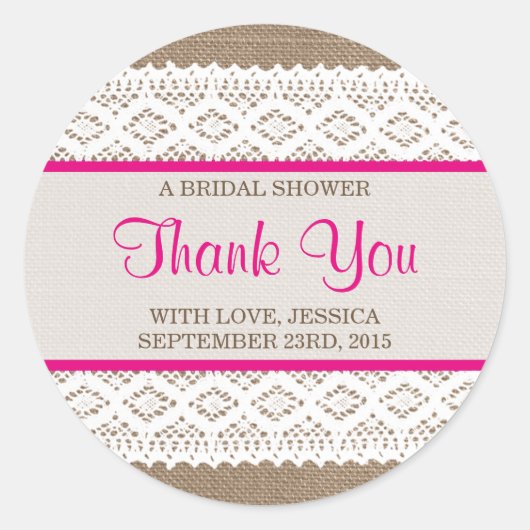 バーラップ&素朴ヴィンテージホワイトレースブライダルシャワー ラウンドシール (正面)