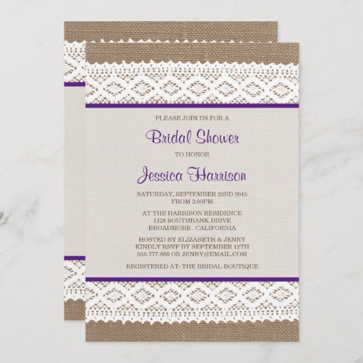 バーラップ&素朴ヴィンテージホワイトレースブライダルシャワー 招待状 (正面/裏面)