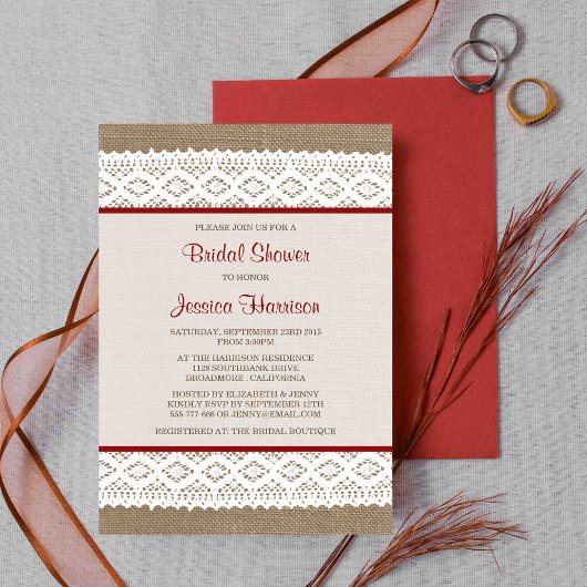 バーラップ&素朴ヴィンテージホワイトレースブライダルシャワー 招待状